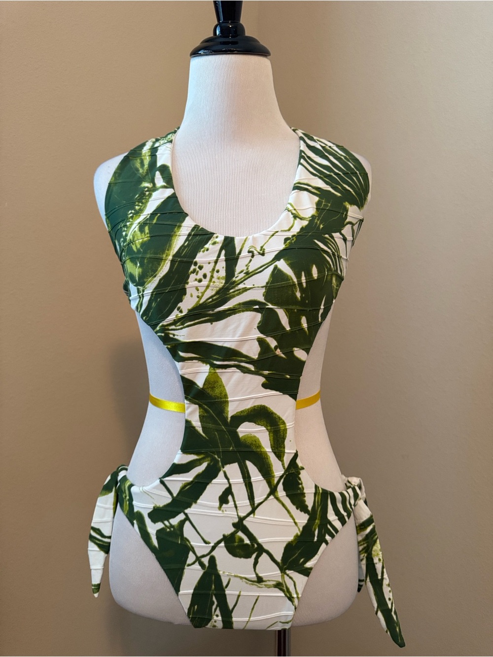 Tropical Green Leaf One-Piece Swimsuit with Tie Details